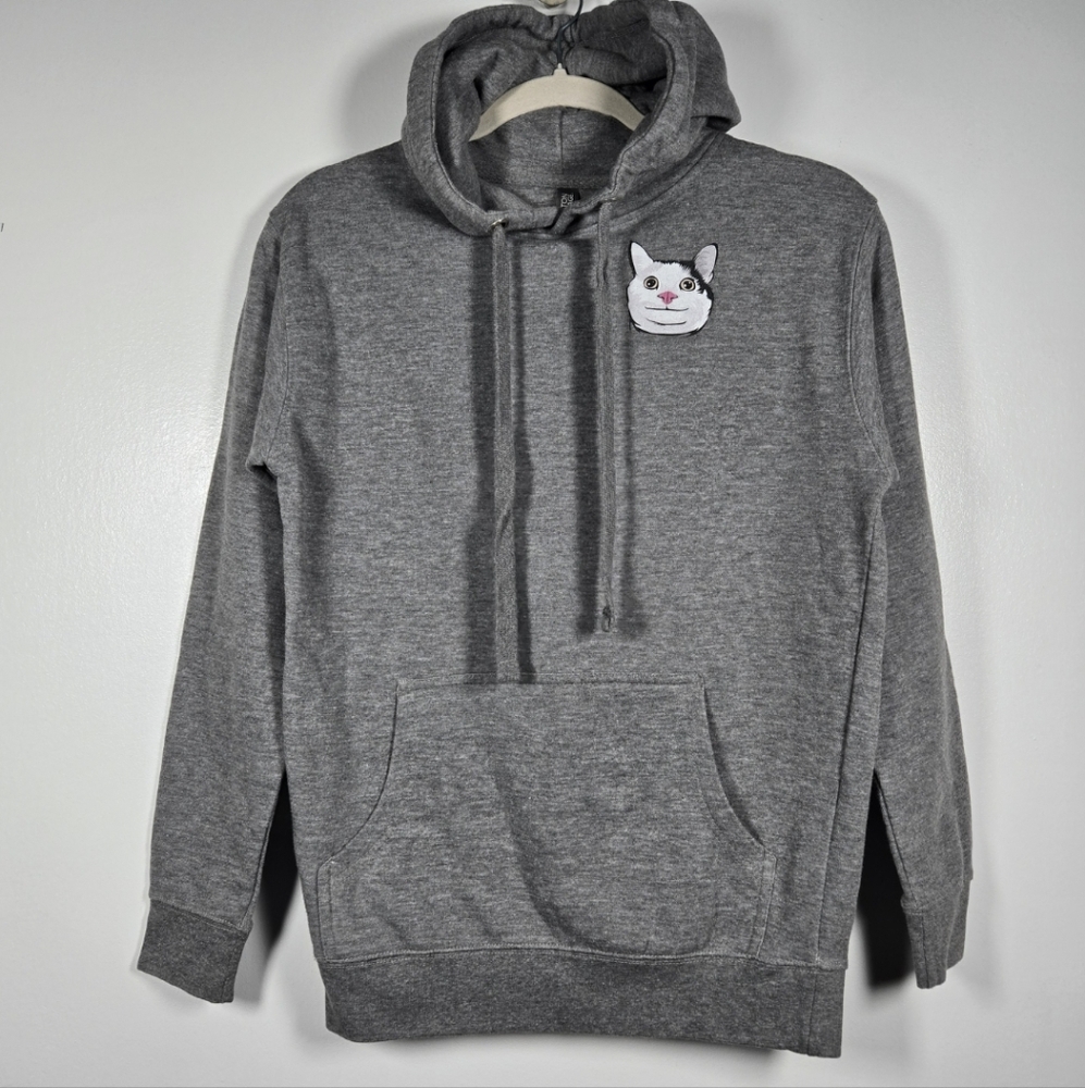 Gray Beluga Cat Meme Face Fleece Hoodie Sweatshirt Size Small Cotton Heritage